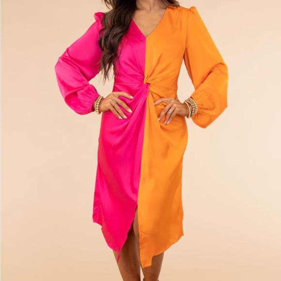 Fushia-Orange Twist Front Dress - Picture 1 of 5